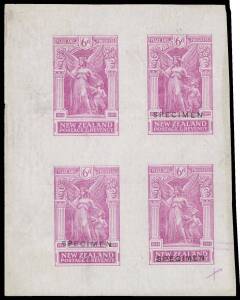 New Zealand - 1920 Victory 6d magenta imperf plate proof block of 4 on gummed paper, three units with 'SPECIMEN' overprints (Type B) and multiple albino impressions vertically & horizontally over the block, printer's marking at lower-right, light surface 