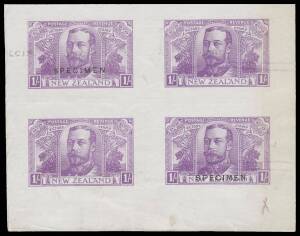 New Zealand - 1920 Victory 1/- violet imperf plate proof block of 4 on gummed paper, two units with 'SPECIMEN' overprints (Type B), the top-left with a second partial overprint plus multiple albino impressions over the block, printer's markings at right, 