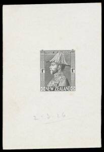 New Zealand - 1926-34 Field Marshall 1d die proof in black on thin glazed paper (52x76mm), endorsed "2-3-26" in pencil. Ex Sir Gawaine Baillie: acquired at the Prestige auction of 30.3.2012 for $1092.