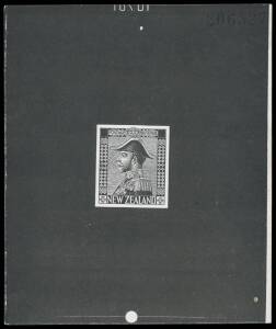 New Zealand - 1926-34 Admirals undenominated die proof in black on wove stock (87x114mm) with uncleared surrounds & Implement Number '10781' (?, reversed) at the top. A dramatic proof.