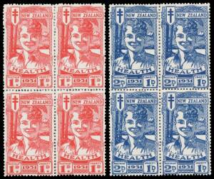 New Zealand - 1931 Health ("Smiling Boys") 1d+1d & 2d+1d SG 546-7 blocks of 4, the upper units with minor hinge remainders, the lower units are unmounted, Cat £600+ mounted (CP $NZ2250) as singles. Very scarce multiples.