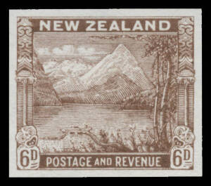 New Zealand - 1935-42 Pictorials - ESSAYS: Imperforate plate proof singles of surface-printed essays by TI Archer comprising ½d Bird in green, ½d Stag in grey, 1d Apple-Picking in grey-green, 2½d Mount Egmont in dull green, 2½d Harvesting in grey-blue & 6