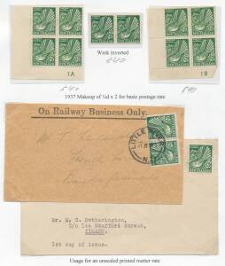 New Zealand - 1935-42 Pictorials HALFPENNY FANTAIL: Five Plate Number blocks of 4, No Plate Number block of 4, Multiple Wmk Plate '1A' block of 9 with Clematis Flaw, block of 20 (2x10) with Letter Watermark on all ten right-hand units, a couple of others,