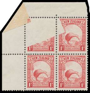 New Zealand - 1935-42 Pictorials 1d upper-left corner block of 4 with a Large Void Area caused by a Stray Piece of Paper affecting the first (70%) & second (10%) units & an Albino Impression of the designs on the blank area, an associated minor Pre-Printi