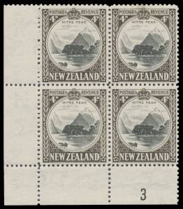 New Zealand - 1935-42 Pictorials 4d Multiple Wmk Perf 12½ CP #L7d Plate Number '3' block of 4, the lower units are unmounted, Cat $NZ1400. [Please note that the Catalogue value quoted in the catalogue is incorrect. It should be $NZ600. Estimate/Reserve r