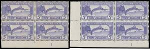 New Zealand - 1935-42 Pictorials FIVE PENCE SWORDFISH: Single Wmk Plate Number '1' block of 4 (minor toning, Cat $NZ1500), Multiple Wmk Plate Number '1' block of 4 (unmounted) & Plate Number '2' block of 6, Watermark Inverted (used), etc, Cat $NZ2500; als