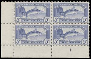 New Zealand - 1935-42 Pictorials 5d Multiple Wmk Perf 12½ CP #L8d Plate Number '1' block of 4, unmounted, Cat $NZ800.