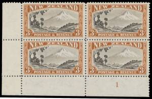 New Zealand - 1935-42 Pictorials 3/- Multiple Wmk "Wartime Issue" CP #L14e Plate Number '1' block of 4, the lower units are unmounted, Cat $NZ1400+.