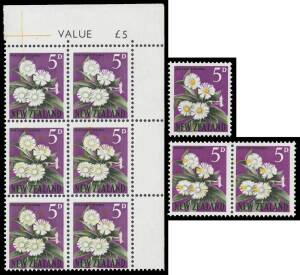 New Zealand - 1960-66 Pictorials 5d Mountain Daisy with the Yellow Printing (Centre of the Flower) Omitted SG 787a (CP #O7aZ) upper-right corner block of 6 (2x3) with inscription 'VALUE £5' unmounted, Cat £2500+ ($NZ5400+). With a normal stamp for compari