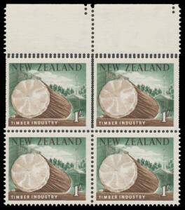 New Zealand - 1960-66 Pictorials 1/- Timber Industry marginal block of 4 from the top of the sheet the upper units with Double Perfs on Three Sides CP #O12a[Z}, unmounted, Cat $NZ800+.