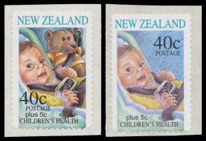 New Zealand - 1996 Health (Road Safety) 40c Teddy Bear self-adhesive stamp CP #T68b (SG 2003a), "unmounted", Cat $NZ4500 (£1300). With the redrawn 40c for comparison.