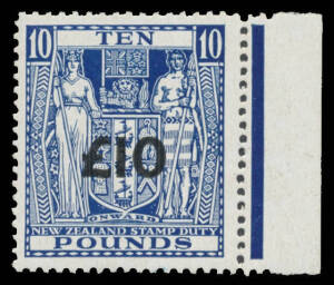 New Zealand - POSTAL FISCALS: 1940-58 Multiple Wmk '£10' on £10 deep blue SG F216b marginal example from the right of the sheet, well centred, very lightly mounted, Cat £1700.