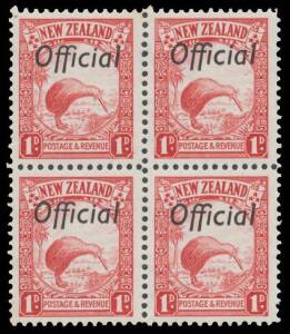 Officials (New Zealand) - 1936-61 'Official' Overprints Single Watermark 1d Kiwi Perf 13½x14 CP #LO2b (SG O115a) block of 4, well centred, the upper units very lightly mounted, the lower units unmounted, Cat $NZ1350+ (£560++ mounted).