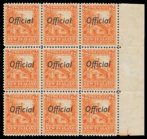 Officials (New Zealand) - 1936-61 'Official' Overprints Multiple Watermark 2d Whare Line Perf 14 CP #LO4c (SG O123c) marginal block of 9 from the right of the sheet, some very minor perf separation, unmounted, Cat $NZ900+ (£585++ mounted).