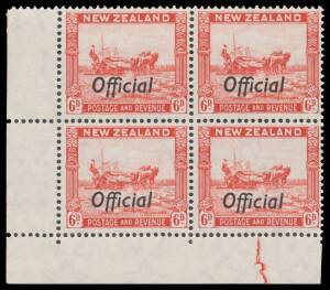 Officials (New Zealand) - 1936-61 'Official' Overprints Multiple Wmk Perf 13½x14 6d Harvester Plate Number '1' with Prominent Plate Crack three progressive states on strip of 3 (**) & blocks of 4 x2 (one **), Cat $1320+. (3 items)