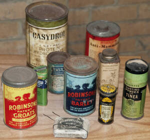 VARIOUS TINS: Including shaving soap stick and baby powder; mostly vintage.