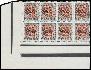 Officials (New Zealand) - 1936-61 'Official' Overprints Multiple Watermark 9d Smaller Size (17½x20½mm) with the Overprint in Black Perf 14x15 CP #LO11e lower-left corner block of 8 (4x2) with One Black Bar in the Margin at Left and Two Black Bars in the M