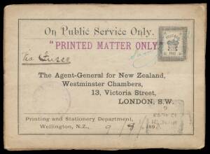 Postal History (New Zealand) - 1893 complete Printing & Stationery Department parcel label with 'OFFICIAL/[crown]/FREE' indicium at upper-right & superb 'PRINTED MATTER ONLY' h/s in purple, signed "Samuel Goodall" in green, to GB "via Frisco" with faint '