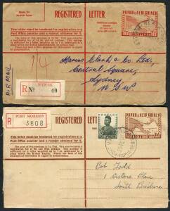Papua New Guinea - Box with a heavily duplicated array of unused & used Envelopes including many upratings & better postmarks, also Registration Envelopes 1/0&frac12;d unused & used (repaired) and 1/7d unused x3 (one with 5d pair affixed) & used in 1961 from 'WE