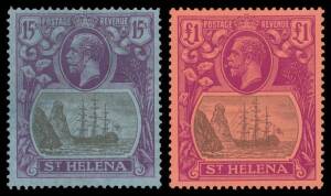 St. Helena - 1922-37 Badge of the Colony MCA 4d to &pound;1 (superb!) SG 92-96 & Script &frac12;d to 15/- SG 97-113, the 10/- with repaired corner & the 15/- with a light bend otherwise lightly mounted & very fine, Cat &pound;2000. (21)