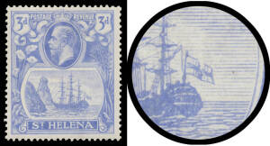 St. Helena - 1922-37 Badge of the Colony Script Wmk listed varieties comprising Broken Mainmast on &frac12;d SG 97a, Torn Flag on 1&frac12;d & 3d SG 99b & 101b and Cleft Rock on &frac12;d & 1d SG 97c & 98c, lightly mounted, Cat &pound;465. (5)