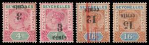 Seychelles - 1893 Surcharges 3c on 4c 12c on 16c (crossed by red ink line) & 15c on 16c all with the Overprint Inverted SG 15a 16a & 18a, and 3c on 4c (small thin) with the Overprint Double SG 15b, large-part o.g., Cat &pound;1600.