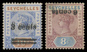 Seychelles - 1901 Surcharges 3c on 10c with the Overprint Double SG 37a & 6c on 8c with the Overprint Inverted SG 40a (minor thin at upper-left), both aged but with large-part o.g., Cat &pound;1550. RPSofL Certificate (1979) for the latter.