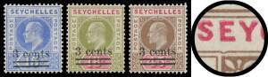 Seychelles - 1903 Surcharges '3 cents' on 15c on 18c & on 45c all with the Dented Frame below the First 'E' of 'SEYCHELLES' SG 57a-59a, the second & third with minor aging, very lightly mounted, Cat &pound;1025. Ex John Williams.