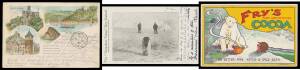 General & Miscellaneous - Old postcard album with strong German content including many chromolithos, other early Gruss aus types, Royalty & a few processions, also a few ships, advertising, Australia including Aborigines x2 & three better 1908 US Fleet ca
