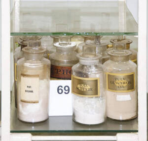CHEMIST'S DISPENSING BOTTLES, with painted & printed labels, various sizes and styles. Very good condition.