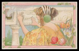 Picture Postcards - ARTIST CARDS: Album with a nice selection of Art Nouveau types including a few embossed cards, some naughty/risqu&Atilde;&fnof;&AElig;&rsquo;&copy; subjects, artists include Usabal, Penot, Meurnier, Knobl, Asti, Alice Luella Fidler/Pearl Fidler Lemunyon, R Ford Ha