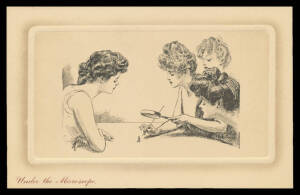 Picture Postcards - ARTIST CARDS: CHARLES DANA GIBSON: Mounted display including "Gibson Girls" (some coloured), sepia studies from various series, some with coloured borders; and one-frame exhibit of the "Gibson Girl" from various series including "The E