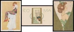 Picture Postcards - ARTIST CARDS: French Art Nouveau/Glamour/Erotica group comprising 'ROMA' x2, Bijoux (gold backgrounds with semi-perfin geometric shapes) x8, Wafting Smoke, Leering Mask & British "Harlequinade" (girl on Pierrot's shoulder), a few minor