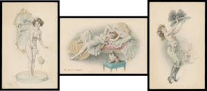 Picture Postcards - ARTIST CARDS: M MUNK (Vienna): early-1900s Divided Backs Erotica "Ah! qu'on s'ennuie!" & "Petit dejeuner matinal", set (?) of 8 with Topless Ladies & Amazing Hats (a few minor blemishes), six of Stylish Ladies with Plain Backs (proofs?