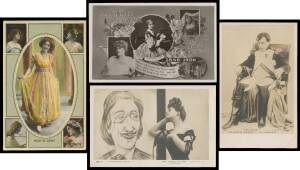 Picture Postcards - ENTERTAINMENT: Mostly British Actors & Actresses on display pages, the highlight is a selection of the statuesque Camille Clifford (the original "Gibson Girl") being leered at by caricature characters including a rather obvious Salvado