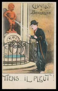 Picture Postcards - HUMOUR: Belgium c.1920 Mannequin Pis Meets Charlie Chaplin "Tiens...il Pleut!" (= Blast! It's Raining!) by Marco Marcovici.