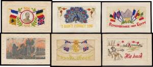 Picture Postcards - MILITARY - WORLD WAR I: Extensive collection of "silks" in five large albums with lots of flags & other patriotic symbols, many featuring Belgian or French subjects including a dozen Bombed Towns, many British Regiments including Royal