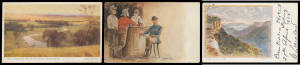 Australian Commonwealth - ARTIST CARDS: Album of cards by ET de Closay x6, Leslie Board x4, Charles Hammond x13 including "How We Beat the Favourite" x6 (horse racing), LH Davey x18 mostly Tasmanian scenes, C Young x15, R Riches x4, AH Fullwood x16, Arthu