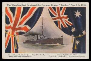 Australian Commonwealth - MILITARY: Naval group including 1908 Visit of the American Fleet x34 with some better types, "Submarine AE2", three "Emden"-related cards, etc, generally fine to very fine used or unused. (47)