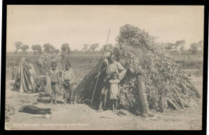 Aborigine Postcards - SUBJECT GROUPS - ABORIGINAL LIFE: BS (or SB?) series - complete? - comprising Group Portraits x2 different, Fishing x3 different, Corroboree x6 different, & a very interesting "house", one used & another with a stamp on the viewside 