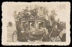 Aborigine Postcards - SUBJECT GROUPS Interesting group with Corroborees x5 different, Boomerang Making/Throwing x4, Tree-Climbing, Dot Painting, Walch artist card "Group of Tasmanian Aborigines", marvellous shot of a hoard of natives on a Cobb & Co coach,