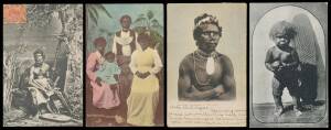Aborigine Postcards - SUBJECT GROUPS PORTRAITS: Attractive group of mostly studio portraits including by JW Lindt & CH Kerry, two Trans-Australian Railway cards, two of old chiefs with King Plates, a topless damsel, several of cute children, etc, conditio