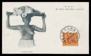 Aborigine Postcards - UNDIVIDED BACKS: AAA (All About Australia) "A Dainty Dish" (topless woman with dead koala, to Belgium), "After Life's Fitful Dream" (captured - ? - man slung between two poles, stamp removed), "An Opossum Hunt" (men with spear or boo