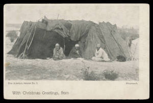 Aborigine Postcards - UNDIVIDED BACKS: Austral Series No 2 "Central Australian Black Boys", "Lubras on the Wallaby", "Me and Lubra" (used to Cornwall in 1903), and "Miegunyah" (shanty accommodation), the three unused cards with "With Christmas Greetings,