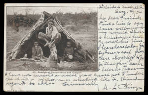 Aborigine Postcards - UNDIVIDED BACKS: Swain & Co (Sydney) "Aboriginal Piccaninnies and Gunyah" (underpaid to USA in 1904), "Aborigines' Camp, Hawkesbury River, NSW" (unused), "Australian Aboriginal King and his ADCs" (unused), "Australian Aboriginal Yout