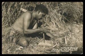 Aborigine Postcards - REAL PHOTO CARDS: c.1940 No Publisher sepia photos with Captions on the Negatives including "...Making Fire with Stick and Block by Friction" (two different), "Throwing Boomerang", "Throwing Spear with Womerah", "Native Fisherman wit