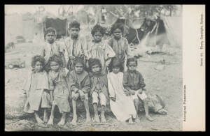 Aborigine Postcards - NEW SOUTH WALES: Kerry & Co wide-ranging group with "Aboriginal Fight", Corroborees x5, "Aboriginal Medicine Men", "Aboriginal Piccaninnies" (10 children), "Group of Gins" (10 women + children), "Aboriginal Mia Mia", "Roving Australi
