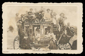 Aborigine Postcards - NEW SOUTH WALES: c.1910 AGJ "Australian Aboriginals" being at least 29 natives crammed into & onto a Cobb & Co coach, deckled edges, unused. Fantastic photograph.