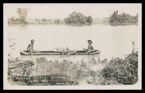 Aborigine Postcards - NORTHERN TERRITORY: Ryko Photo (Darwin) real photo cards inscribed on the negatives "Overland Cycling Varieties in the NT Crossing Adelaide River" (native & white man with the latter's bicylcle in dugout canoe) and "NT Cycling crossi