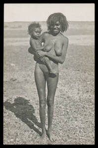 Aborigine Postcards - SOUTH AUSTRALIA: Real photo types including full frontal nudes x3 (two women; two little boys; teenage girl & baby), "Corroboree...", "Catching a Goana" (young boy & dog with reptile), "Encounter Bay Natives", three others, condition